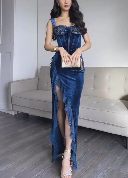 Vestido de fiesta Weitese, vestido de fiesta azul marino con tirantes, tubo, terciopelo, encaje, largo, formal, vestidos formales para mujer.